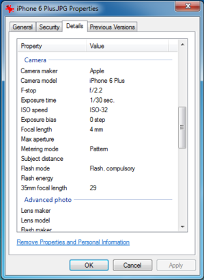 iPhone photo properties in Windows Explorer