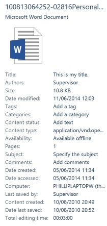 Advanced Properties shown in MS Word File menu
